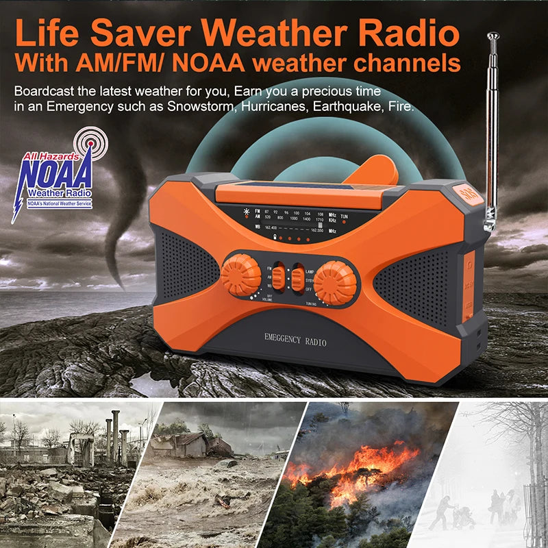 12000mAh Hand Crank Solar Power Radio Portable AM/FM/NOAA Weather Radio with LED Flashlight Power Bank Outdoor
