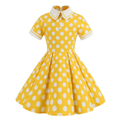 Kids Girls Vintage Dress Easter Polka Dots Print Dress Daily Birthday Dress Short Sleeve Perter Pan Collar 1950s Princess Dress - Estalios