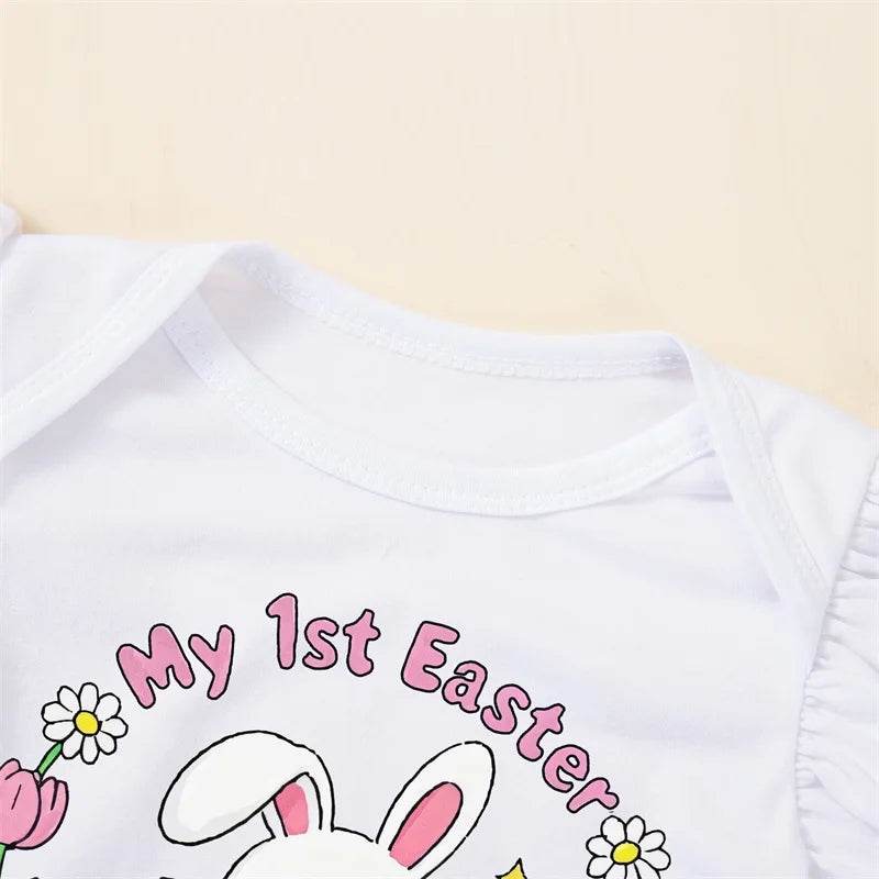 Toddler Girls Spring Floral Print Ruffle Sleeve Romper with Matching Bow Headband and Tulle Skirt - Easter Outfit - Estalios