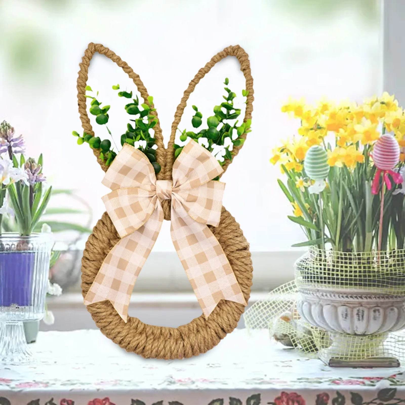 Handicrafts Spring Bunny Wreath For Spring And Easter Front Door Wall Window Decor Decorated With Bow And Green Advent Wreath - Estalios