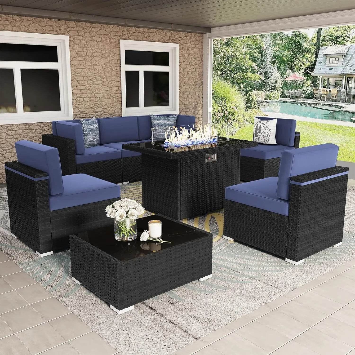 Patio Furniture Set Fire Pit Table Outdoor Sectional Sofa - Estalios