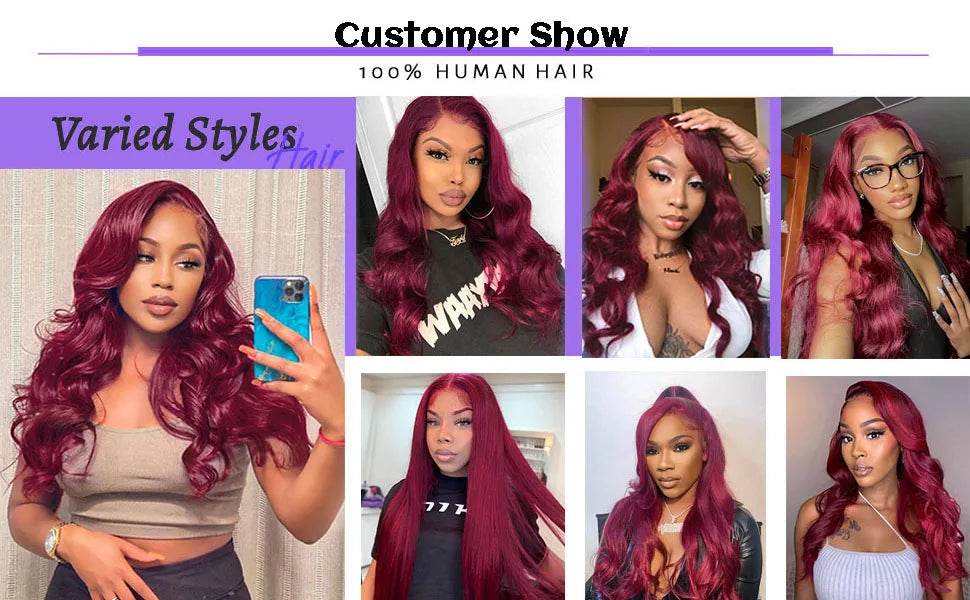 13X6 Body Wave Lace Frontal Human Hair Wig Burgundy 99J - Estalios