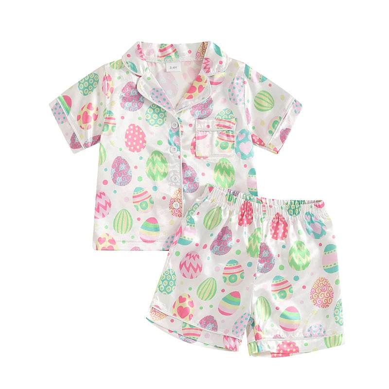 Children s Easter Pajama Set with Bunny Print Short Sleeve Lapel Button Down Top and Matching Shorts for a Cozy Sleepwear - Estalios