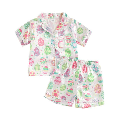 Children s Easter Pajama Set with Bunny Print Short Sleeve Lapel Button Down Top and Matching Shorts for a Cozy Sleepwear - Estalios