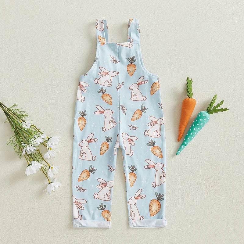 Easter Bunny Print Toddler Boy Sleeveless Square Neck Suspender Romper with Carrot and Cross Design - Estalios