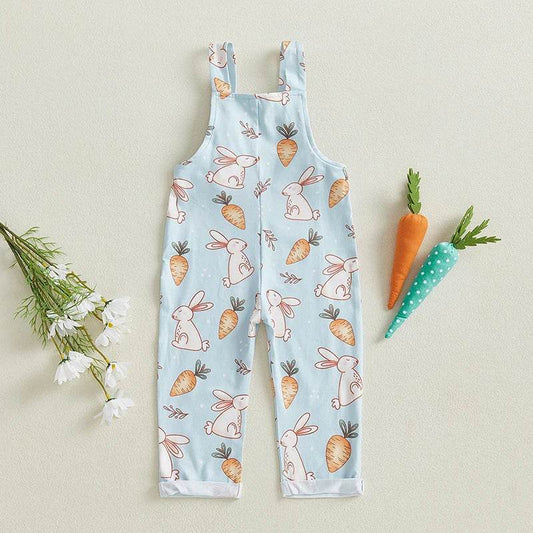 Easter Bunny Print Toddler Boy Sleeveless Square Neck Suspender Romper with Carrot and Cross Design - Estalios