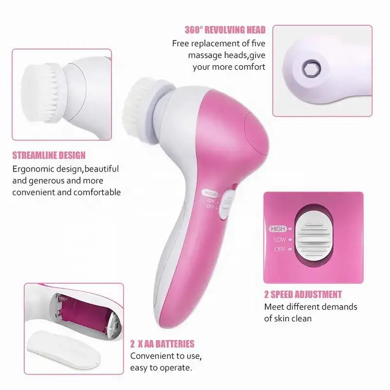 Pink and white Electric Facial Cleaner brush for spa-like skin care and blackhead removal.
