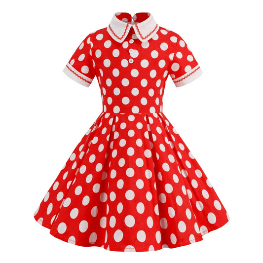 Kids Girls Vintage Dress Easter Polka Dots Print Dress Daily Birthday Dress Short Sleeve Perter Pan Collar 1950s Princess Dress - Estalios