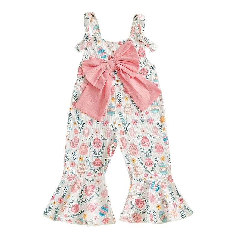 Adorable Baby Girls Easter Bunny Romper with Carrot Print and Big Bow Sleeveless Flare Pants Jumpsuit Egg Design - Estalios