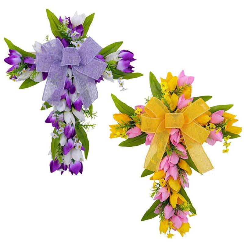 Spring Easter Front Door Wreath Decoration Handmade Floral Wreath Church Wreath Easter Cross Wreath for Front Door - Estalios