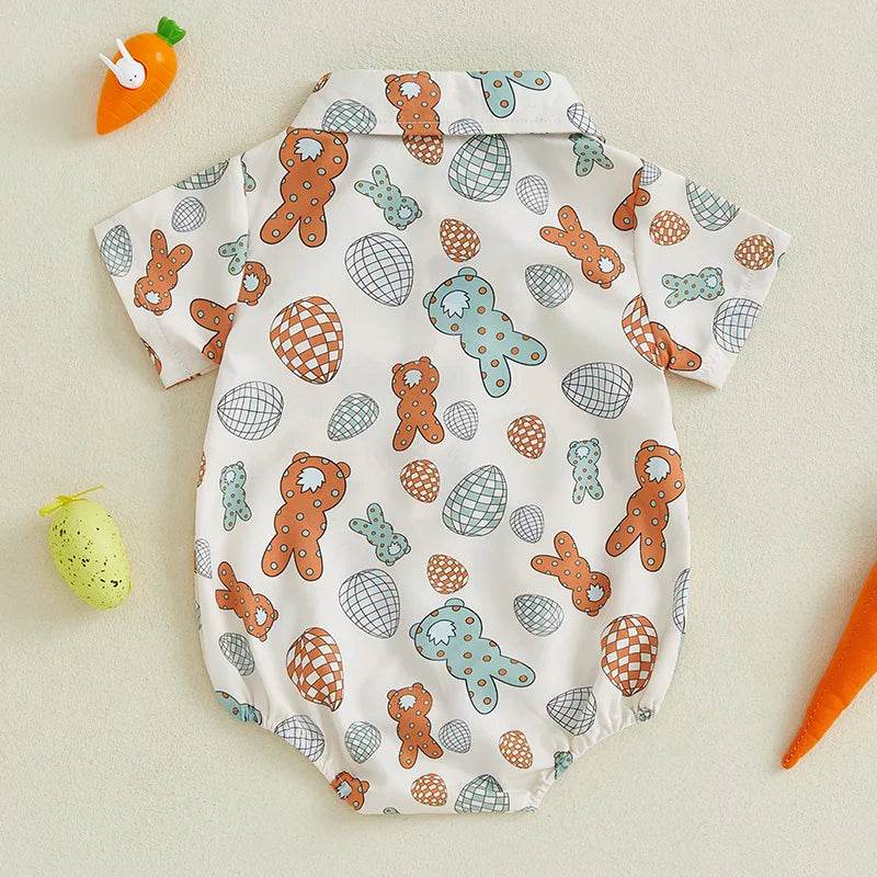 Adorable Infant Easter Outfit with Bunny Pattern Short Sleeve Lapel Collar Bodysuit and Bowtie for Spring and Summer - Estalios