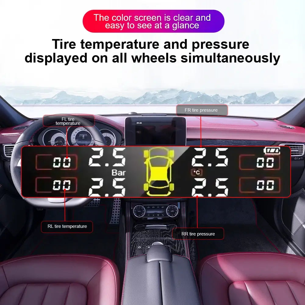 Car tire pressure monitoring system with solar sensors for fuel savings and safety.