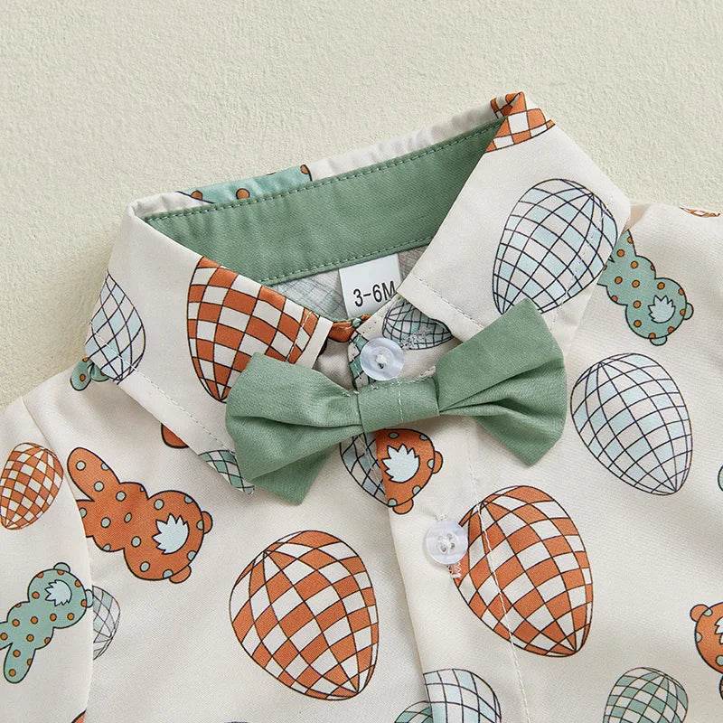 Adorable Infant Easter Outfit with Bunny Pattern Short Sleeve Lapel Collar Bodysuit and Bowtie for Spring and Summer - Estalios