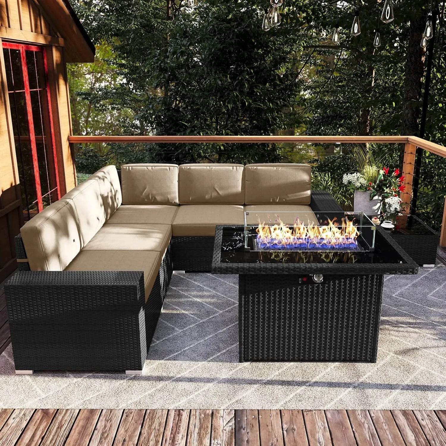 Patio Furniture Set Fire Pit Table Outdoor Sectional Sofa - Estalios
