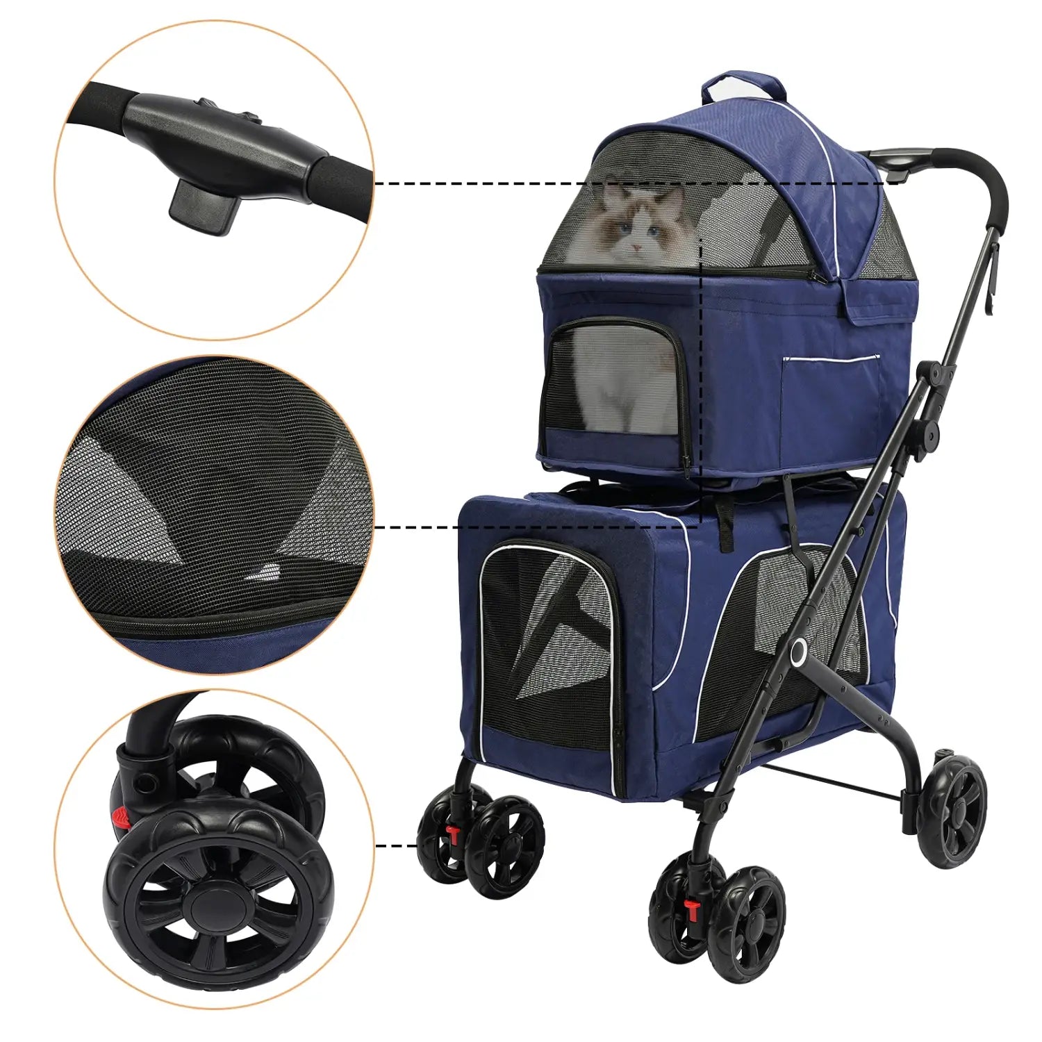 Cochecito plegable para perros y gatos, doble portador desmontable, fácil de transportar