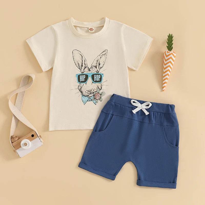 Adorable Toddler Boys Easter Outfits with Bunny Print Round Neck Short Sleeve T-Shirts and Elastic Waist Shorts - 2 Piece - Estalios