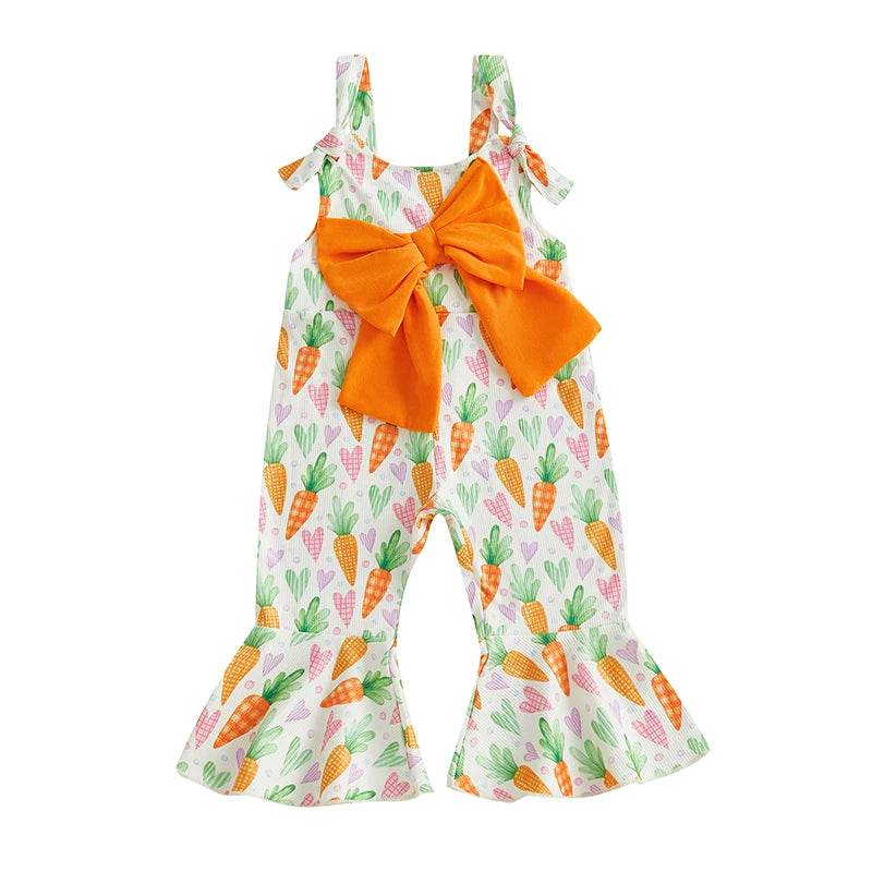 Adorable Baby Girls Easter Bunny Romper with Carrot Print and Big Bow Sleeveless Flare Pants Jumpsuit Egg Design - Estalios