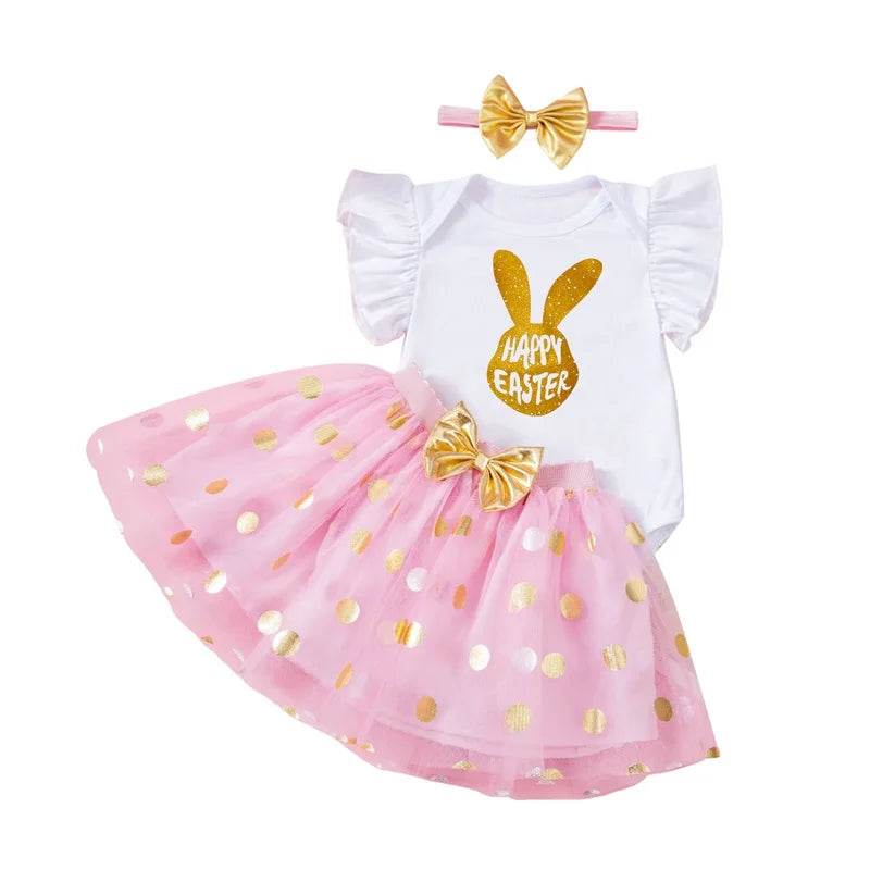 Toddler Girls Spring Floral Print Ruffle Sleeve Romper with Matching Bow Headband and Tulle Skirt - Easter Outfit - Estalios