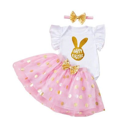 Toddler Girls Spring Floral Print Ruffle Sleeve Romper with Matching Bow Headband and Tulle Skirt - Easter Outfit - Estalios