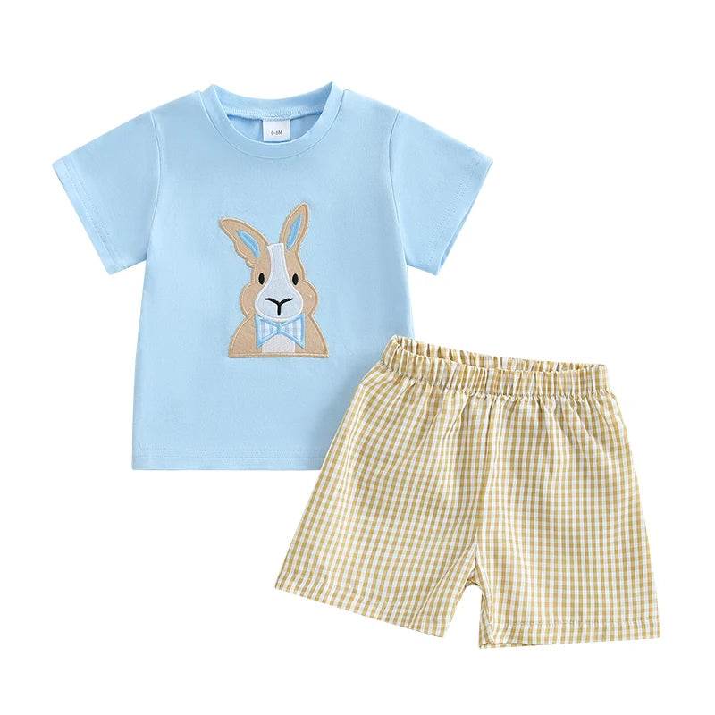 2024-11-25 Lioraitiin 0-3Y Toddler Baby Boy Easter Outfit Bunny/Cross Short Sleeve T-shirt Plaid Shorts 2pcs Summer Set - Estalios