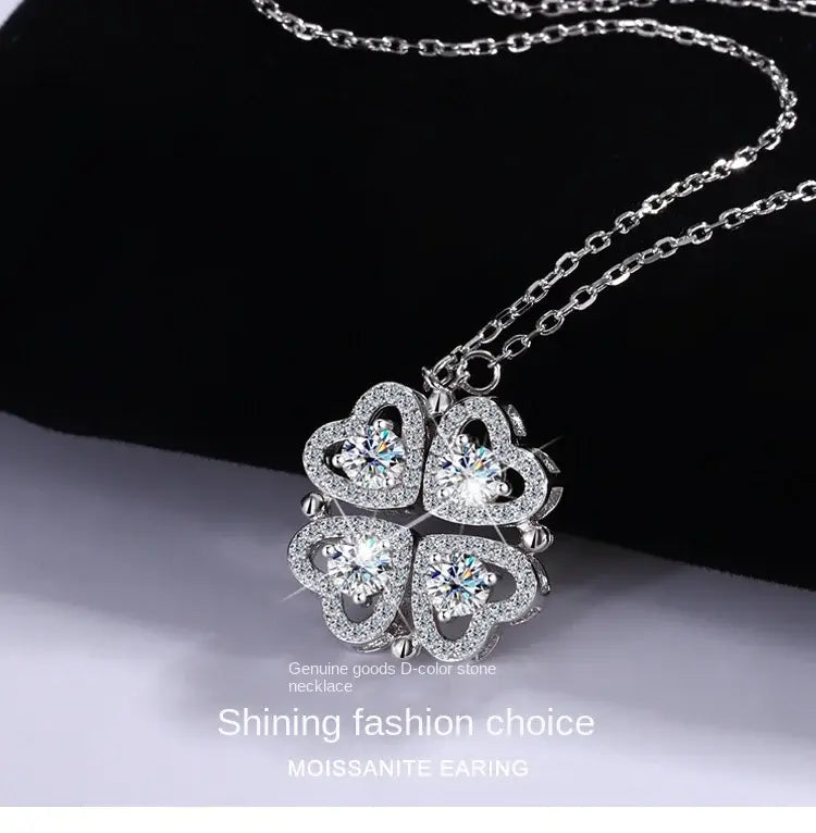 Sterling Silver S925 Four-Leaf Clover Necklace with Light Luxe Mosan Diamond Pendant for Elegant Women