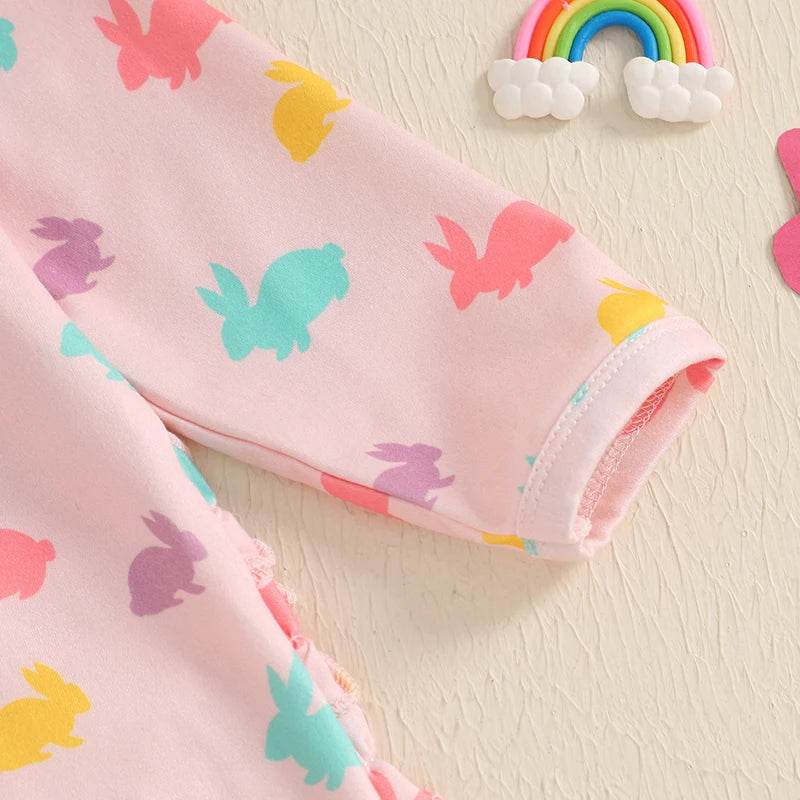 Toddler Girl 2-Piece Easter Dress Set with Bunny Print Long Sleeve Ruffle Jumpsuit and Matching Headband - Adorable Newborn - Estalios