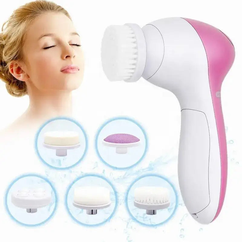 Pink and white Electric Facial Cleaner 5 in 1 cleansing brush for spa-like skincare.