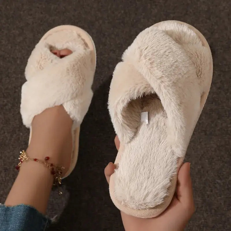 Faux Fur Cross Strap Slippers for Women