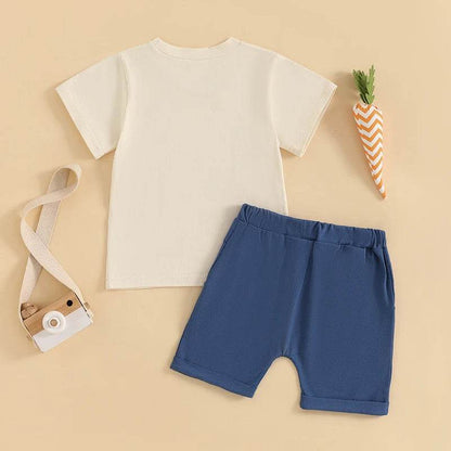 Adorable Toddler Boys Easter Outfits with Bunny Print Round Neck Short Sleeve T-Shirts and Elastic Waist Shorts - 2 Piece - Estalios