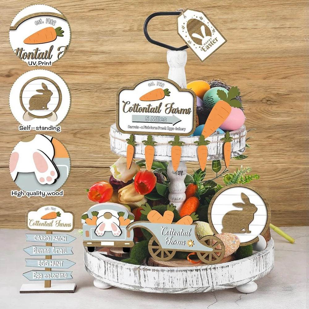 Easter Bunny Carrots Wooden Tiered Tray Decorations Happy Easter Day Decor Heart Wooden Tabletop Signs Sets Table Centerpiece - Estalios