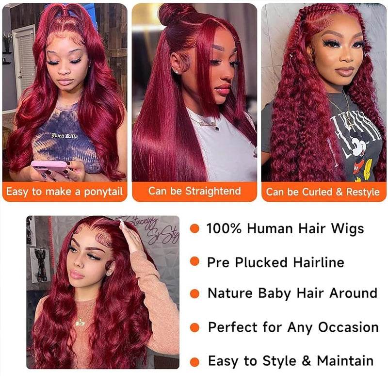 13X6 Body Wave Lace Frontal Human Hair Wig Burgundy 99J - Estalios