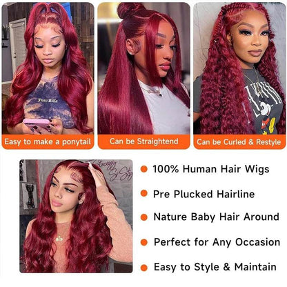 13X6 Body Wave Lace Frontal Human Hair Wig Burgundy 99J - Estalios
