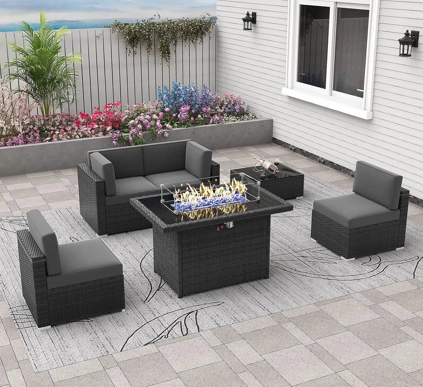 Patio Furniture Set Fire Pit Table Outdoor Sectional Sofa - Estalios