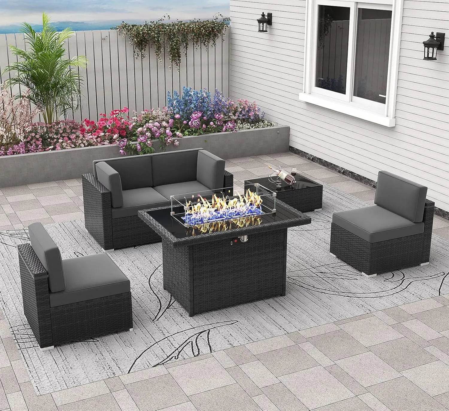 Patio Furniture Set Fire Pit Table Outdoor Sectional Sofa - Estalios