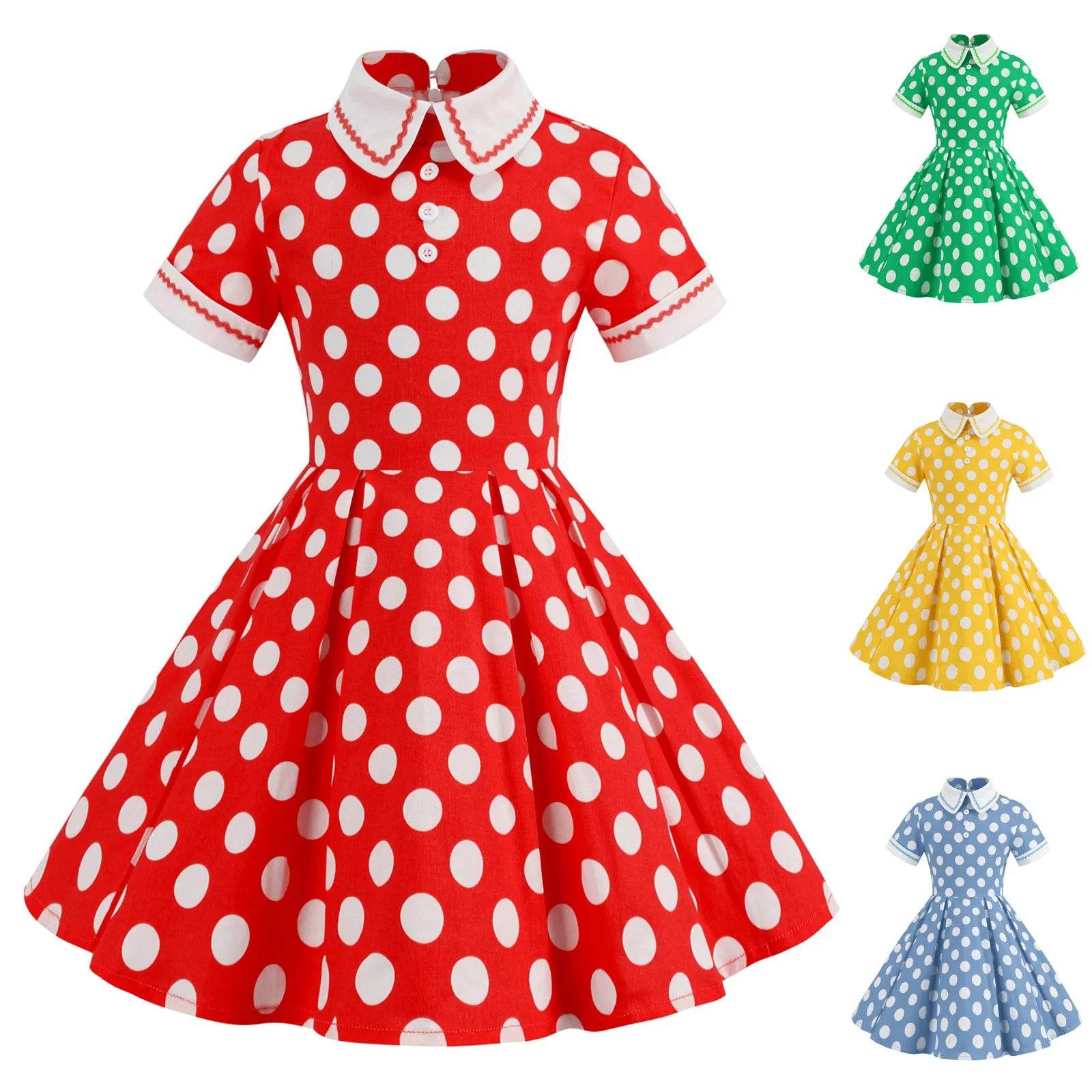 Kids Girls Vintage Dress Easter Polka Dots Print Dress Daily Birthday Dress Short Sleeve Perter Pan Collar 1950s Princess Dress - Estalios