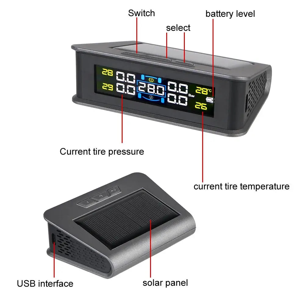 Solar-powered Tire Pressure Monitoring System with 4 sensors for ultimate fuel savings.