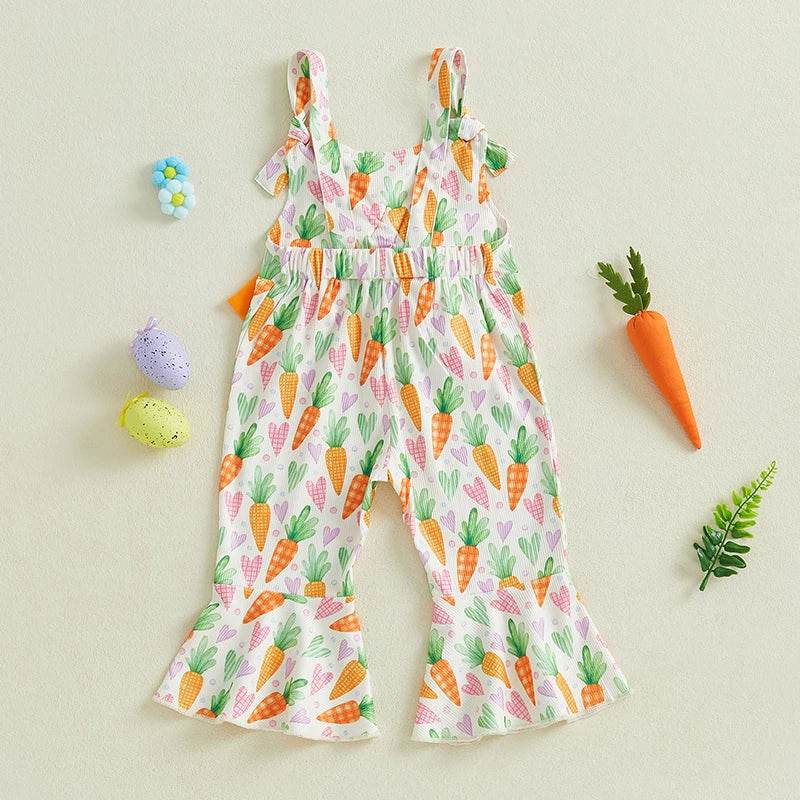 Adorable Baby Girls Easter Bunny Romper with Carrot Print and Big Bow Sleeveless Flare Pants Jumpsuit Egg Design - Estalios
