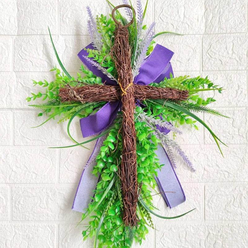 Spring Easter Front Door Wreath Decoration Handmade Floral Wreath Church Wreath Easter Cross Wreath for Front Door - Estalios