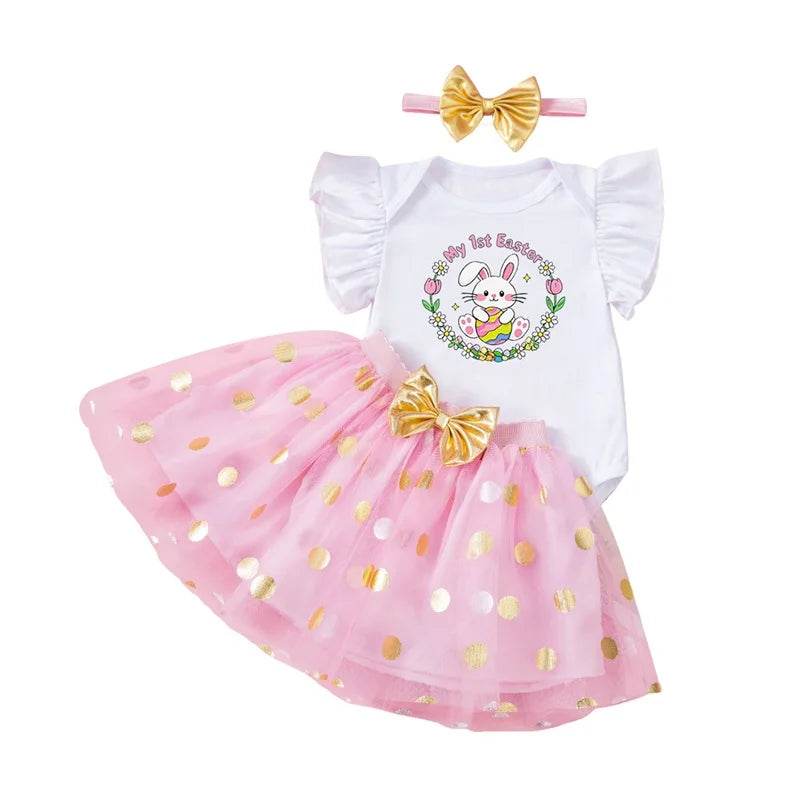Toddler Girls Spring Floral Print Ruffle Sleeve Romper with Matching Bow Headband and Tulle Skirt - Easter Outfit - Estalios