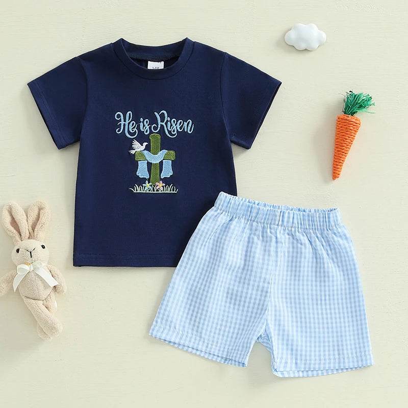 2024-11-25 Lioraitiin 0-3Y Toddler Baby Boy Easter Outfit Bunny/Cross Short Sleeve T-shirt Plaid Shorts 2pcs Summer Set - Estalios