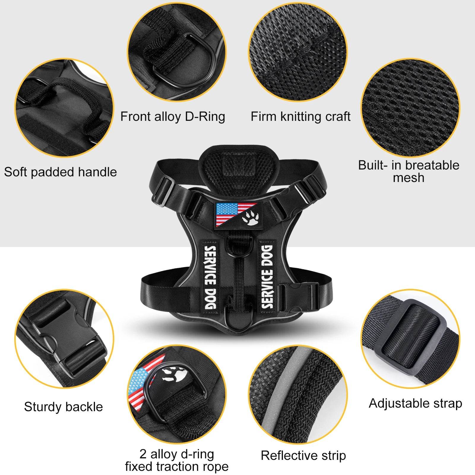 Reflective Service Dog Harness with 5 Patches, Adjustable - Estalios