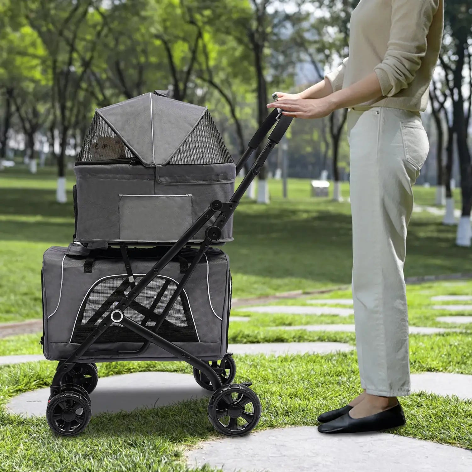 Cochecito plegable para perros y gatos, doble portador desmontable, fácil de transportar