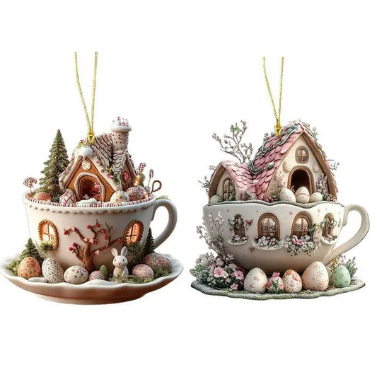 Easter Coffee Cup Ornaments Cartoon Bunny Egg House Coffee Mug Decorative 2D Acrylic Ornaments 2025 Spring Party Supplies - Estalios