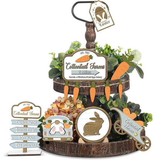 Easter Bunny Carrots Wooden Tiered Tray Decorations Happy Easter Day Decor Heart Wooden Tabletop Signs Sets Table Centerpiece - Estalios