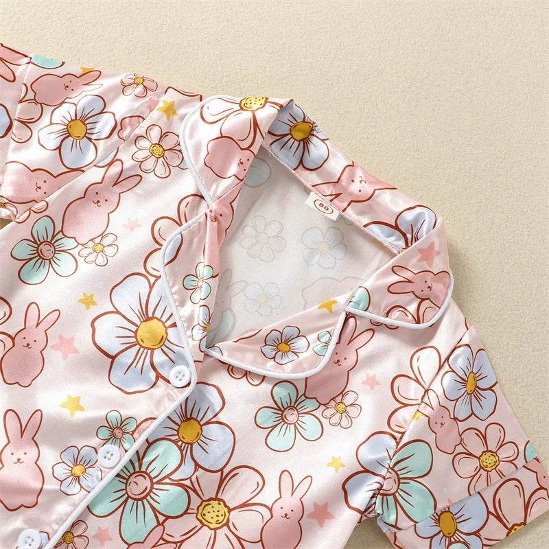 2Pcs Boys Easter Pajamas Set Long Sleeve Striped Print Button Down Shirts and Pants Set Loungewear for Kids - Estalios