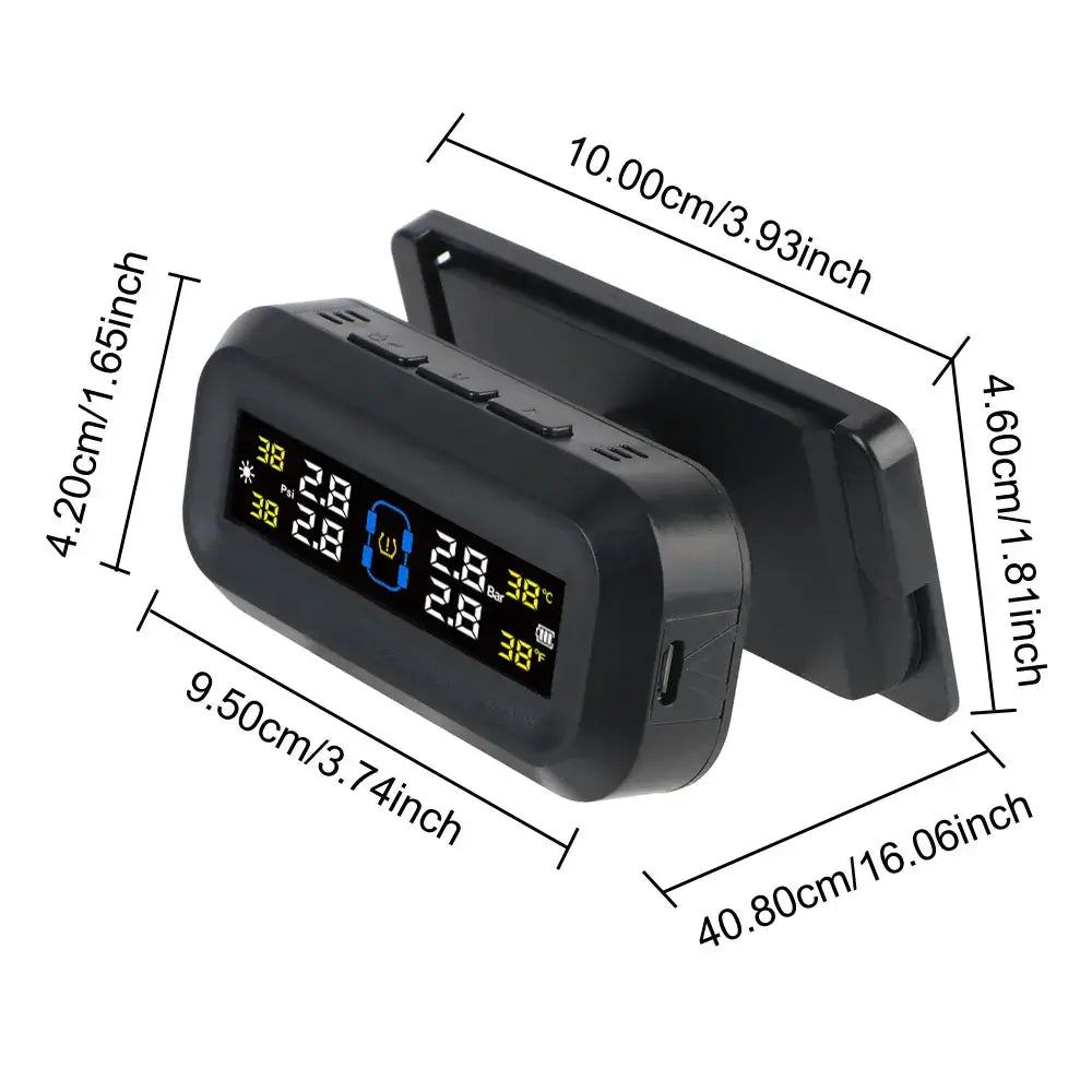 Black Tire Pressure Monitoring System with dimensions for easy setup and use.