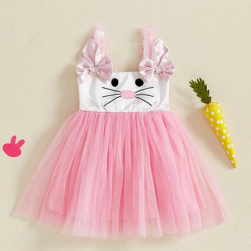 Adorable Baby Girls Easter Outfit Sleeveless Bunny Print Suspender Dress with Tulle Skirt for Spring and Summer Celebrations - Estalios