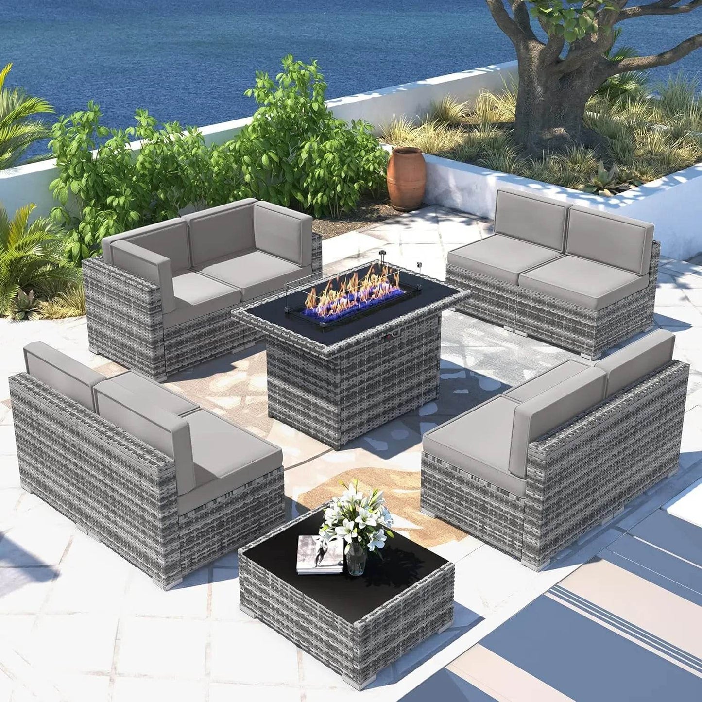 Patio Furniture Set Fire Pit Table Outdoor Sectional Sofa - Estalios