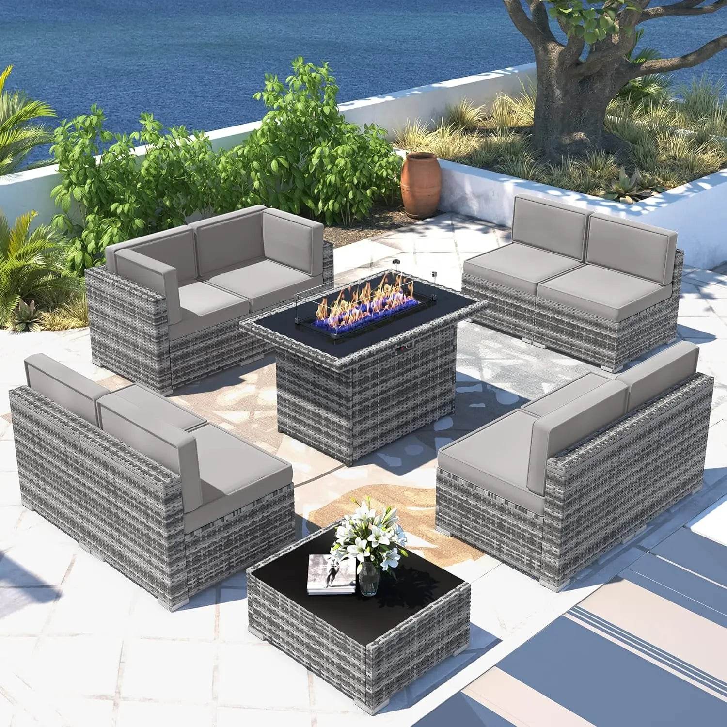 Patio Furniture Set Fire Pit Table Outdoor Sectional Sofa - Estalios