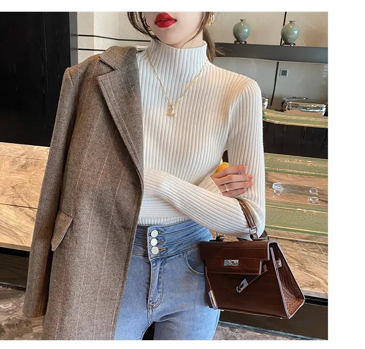 Suéter de cuello alto de punto básico sólido elegante para mujer